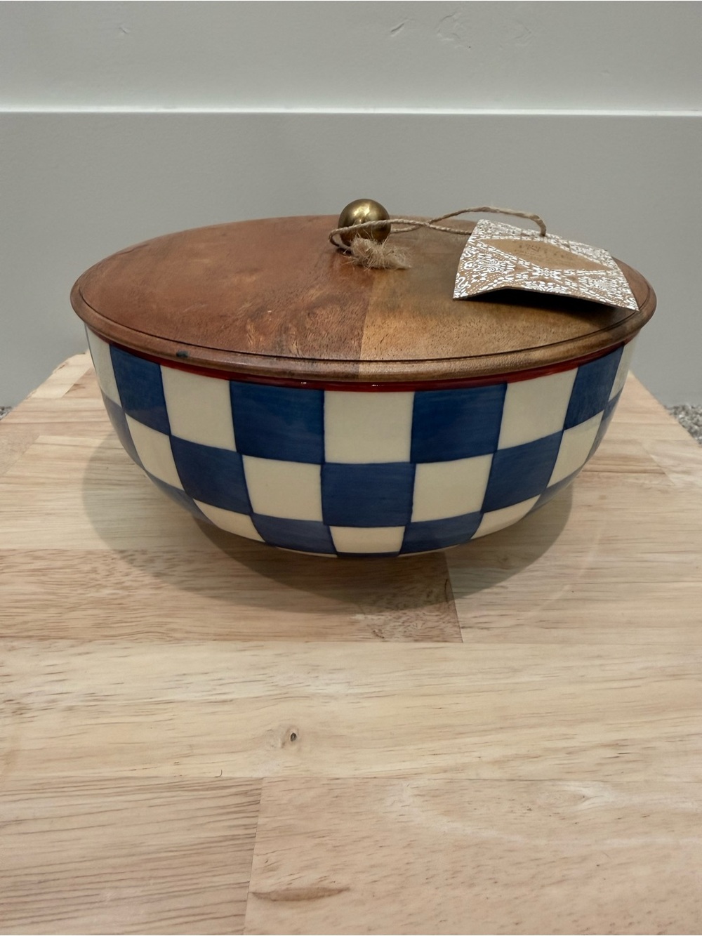 Blue and Cream Checker Ceramic Bowl with Wooden Lid